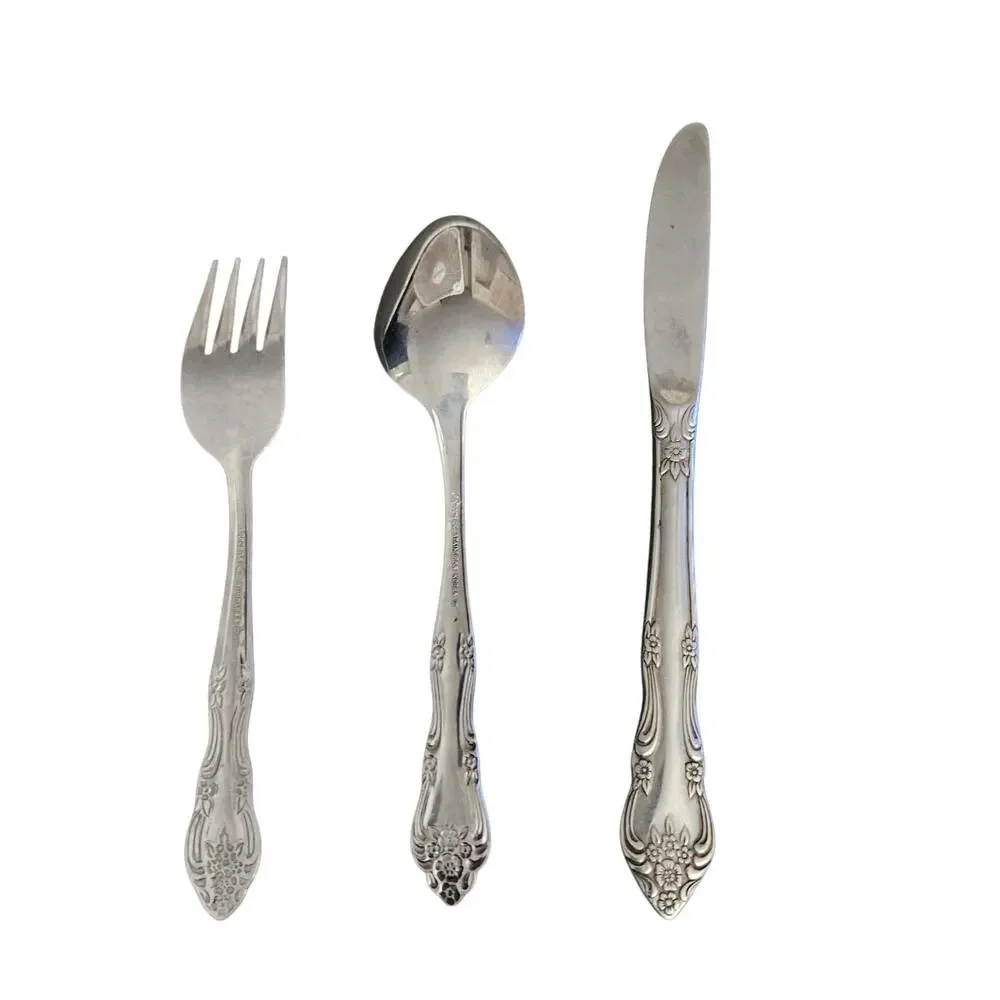WM Rogers Dream Rose Stainless Flatware 3 Pc Set Fork Spoon Knife Korea Vintage